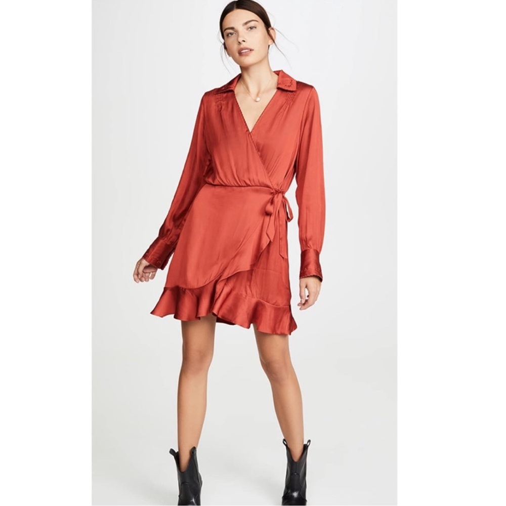 PAIGE Parisa Red Satin Ruffled Scalloped Cross-Front Wrap Dress Size Small - Picture 2 of 10
